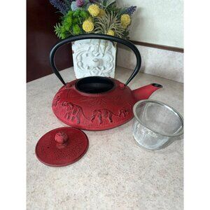 Red Cast Iron Elephant Design Teapot With Lid & Infuser - Unique Collectibl